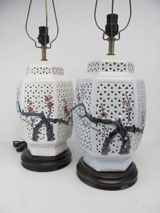lot 92 image: Nice Pair of Mid Century 1960s Oriental Style Pierced Ceramic Cherry Blossom Table Lamps 
