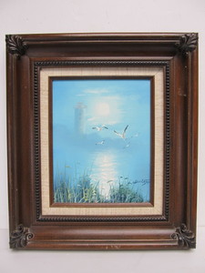 lot 31 image: Framed Signed Vintage Seagulls wLighthouse Oil on Board Painting