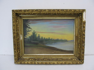 lot 32 image: Framed Signed Antique 19th Century Oil on Canvas Lakeshore Scene wBoats - Signed Iten