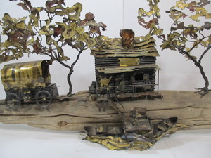 lot 159 image: LARGE Vintage 1970s Signed Brass Driftwood Stagecoach Cabin Wall Sculpture