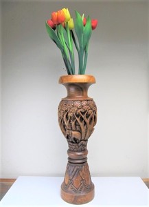 lot 201 image: Large Deep Relief Hand Carved Wooden Floor Vase wWooden Flowers 