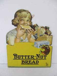 lot 207 image: Old Vintage Diecut BUTTER-NUT BREAD Cardboard Advertising Hanger Sign