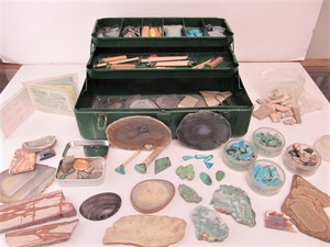 lot 209 image: Toolbox Full of Lapidary Supplies PolishedCut Stone Jewelry Making tools Genuine Raw Turquoise Cabochons etc