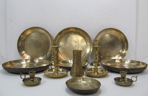 lot 188 image: Lot of Vintage Brass Plates Vases Candlesticks etc