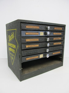 lot 112 image: Vintage SHURHIT Ignition Service Green Metal Service Station Advertising Parts Cabinet
