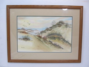 lot 250 image: Vintage Signed Framed Coastal Beach Watercolor Landscape Painting