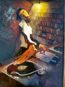 lot 253 image: Large Framed DJ Spinning at Turntable Print
