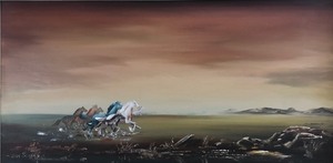 lot 123 image: John Scanes (1928-2004) Framed Western Painting wRunning Horses - The Rock Pool
