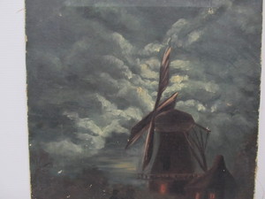 lot 267 image: Unframed Antique 19th Century Scandinavian Oil on Canvas Painting wWindmill