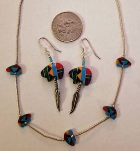 lot 3 image: Liquid Silver Native American Bear Fetish Necklace and Earrings Set
