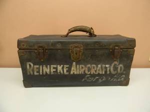 lot 1 image: VINTAGE - AWESOME - RARE - Reineke Aircraft Co. Vintage Leather Toolbox. Very rare one of a kind of piece - ALL LATCHES OPERATE - APPROX 20W 9H 8D - SEE PICTURES