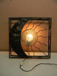 lot 12 image: VINTAGE  ANTIQUE FOLK ART - SUN & THE MOON WROUGHT IRON LIGHT - WORKS -  AWESOME PIECE - APPROX 21 BY 21 - SEE PICTURES