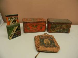 lot 35 image: VINTAGE COLLECTION OF TOBACCO TINS & POUCH - BROTHERHOOD, UNION LEADER, BUCKINGHAM, GEORGE WASHINGTON, SIR WALTER RALEIGH - SEE PICTURES