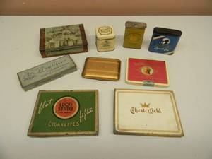 lot 37 image: VINTAGE COLLECTION OF CIGARETTE TINSHOLDERS - LUCKY STRIKE, CHESTERFIELD, PHILIP MORRIS, & MORE - SEE PICTURES