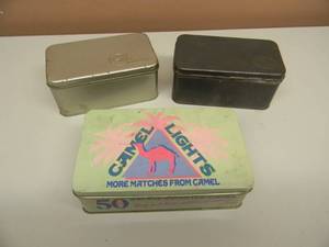 lot 38 image: VINTAGE CAMEL LIGHTS TIN FULL OF VINTAGE MATCH BOOKS W VINTAGE CAMEL TINS - SEE PICTURES