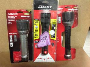 Lot of 3 assorted Husky 500 Lumens LED Aluminum Dual Beam Unbreakable Flashlight in good condition