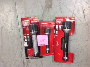 lot 44 image: MIX LOT HUSKY LUMEN LED ALUMMINUM FLASHLIGHTS (3) MISSING BATTERIES in good condition