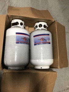lot 162 image: Set of 2 Flame King 30 lbs. Empty Propane Cylinder with Overfill Protection Device Valve  not used