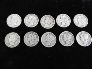 lot 93 image: Lot of 10 Mercury Dimes
