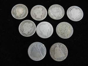lot 94 image: Lot of 7 Barber - 2 Seated Liberty Quarters