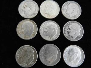 lot 98 image: Lot of 9 Roosevelt Dimes