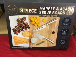 lot 482 image: Core Kitchen Marble & Acacia Serve Board Set W Cheese Knives, Retail $27.99