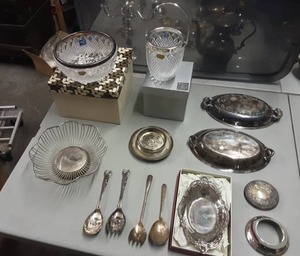 Crystal With Silver Plate Rim & Other Assorted Silver Plate Items (13 Pieces)