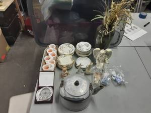 Milk Glass Votives, Old Kettle, Vintage Saucers, Angels, Centerpiece