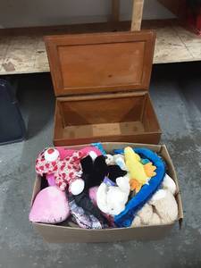 Wood Toy Box & Box Of Stuffed Animals