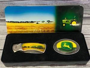 lot 69 image: John Deere Style Belt Buckle & Knife Set