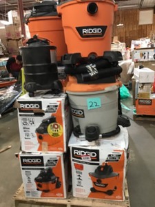 lot 22 image: Pallet with Assorted Ridgid Wet -Dry Vacs various styles and Conditions