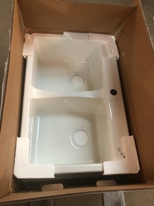 lot 30 image: Pallet of KOHLER Cast Iron Kitchen Sinks, Mirrow, cabinets and patio chairs