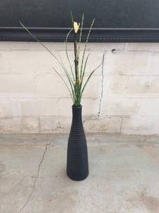 lot 42 image: Tall Heavy Asian Black Brown Ribbed Vase With Artificial Arrangement - Excellent Condition
