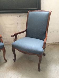 lot 7 image: Gorgeous Pair Queen Anne Carved Wood & Greyish Blue Thundercloud Upholstered Armchair With Faint Ivy Pattern - Nice Condition - No Tears To Fabric