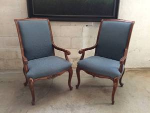 lot 8 image: Gorgeous Pair Queen Anne Carved Wood & Greyish Blue Thundercloud Upholstered Armchair With Faint Ivy Pattern - Nice Condition - No Tears To Fabric