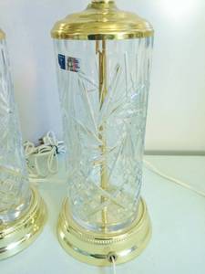 lot 12 image: Lovely Pair Handcut Crystal & Brass Lamps Label Says Crystal Clear Industries Made in W. Germany Includes Gorgeous Cuts Of Hobstar, Buzz, Strawberry Diamond & More - Excellent Working Condition - No Chips & Label Attached To One Lamp