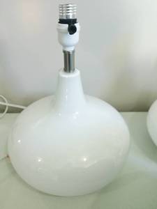lot 35 image: Pair Large White Glass Contemporary Gourd Lamps One With Black Drum Shade - Excellent Working Condition