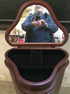 lot 26 image: Gorgeous Victorian Triangular Shape Tall Mahogany Armoire Jewelry & Lingerie Cabinet With Flip Top Mirror, Demure Painted French Pattern & Distressed Accents Added Plus 8 Felt Lined Drawers - Only one scratch found to back side - See pic
