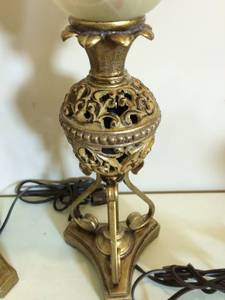 lot 34 image: Stunning Pair Of Ornate Stone & Metal Table Lamps With White Alabaster Swirled Glass Shades - Excellent Working Condition