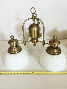 lot 20 image: Fantastic Vintage Arts & Crafts Brass & 3 Milk Glass Globes Light Fixture - Excellent Working Condition  No Chips or Cracks To Globes