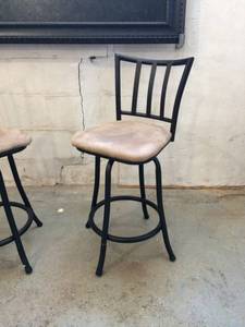 lot 55 image: Contemporary Iron & Tan Micro-suede Counter Height Swivel Bar Stools - Great Condition - No Stains To Fabric 