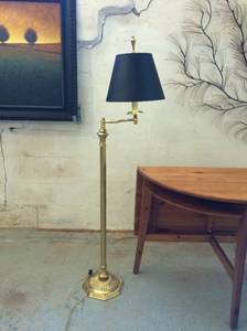 lot 24 image: Vintage Brass Candlestick Swing Arm Lamp With Black & Gold Foil Lined Shade - Great Condition