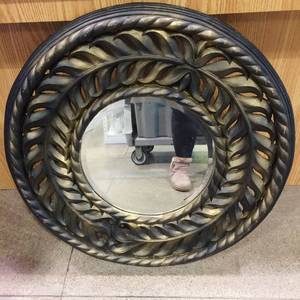 lot 32 image: WOW MSRP $2000 Designer John Richards Nieman Marcus 32 Circle Rustic Iron Distressed Round Beveled Glass Mirror - Actually Made Of Carved Open Work Wood With Painted Black Gold Distressed Accents - Nice Condition -No Scratches To Glass- Heavy