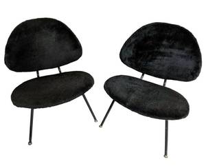 lot 1 image: Fantastic 1950s Retro Mid Century Modern Duo&nbspPair Clam Shell Loungers Orange Slice Chairs Upholstery In Groovy Plush Black Faux Fur Fabric Designed By&nbspMaurizio Tempestini  For Homecrest 