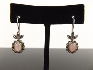 .925 Sterling Silver Art Nouveau Pink Pearl Hook Clasp Earrings
