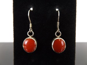 .925 Sterling Silver Red Coral Cabochon Hook Dangle Earrings
