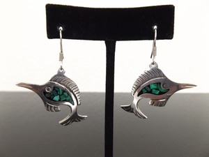 .925 Sterling Silver Inlayed Malachite Marlin Hook Dangle Earrings