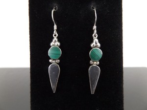.925 Sterling Silver Hinged Malachite and Onyx Hook Dangle Earrings