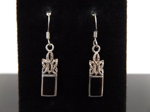 .925 Sterling Silver Art Nouveau Inlayed Onyx Hook Dangle Earrings