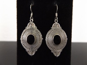 .925 Sterling Silver Black Onyx Tribal Hook Dangle Earrings